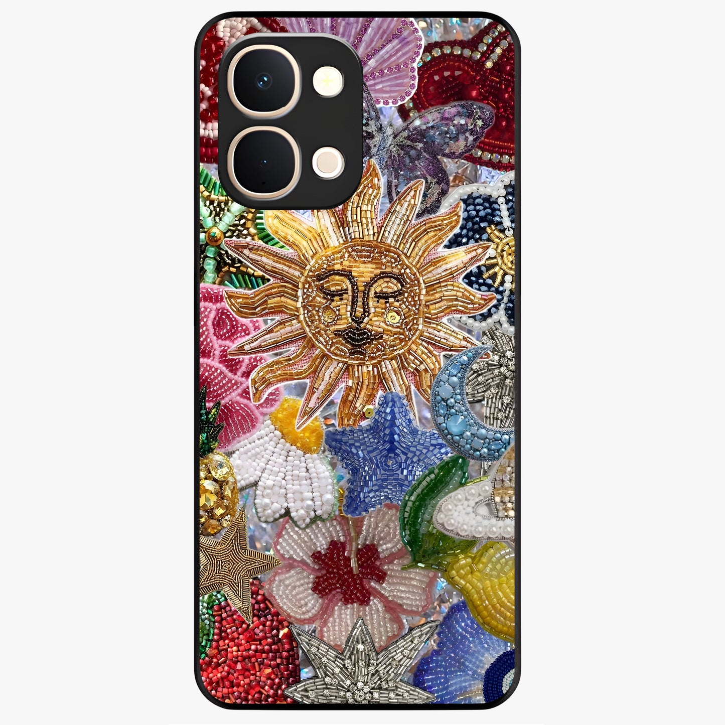 Celestial Floral and Playful Glass Case showing flat back view with floral and celestial themed artwork and glossy glass finish.