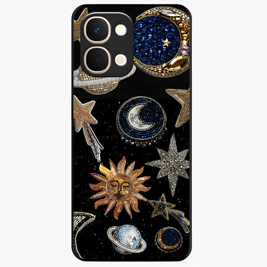 Celestial Gem Constellations Glass Case showing flat back view with sparkling constellation artwork and glossy glass finish.