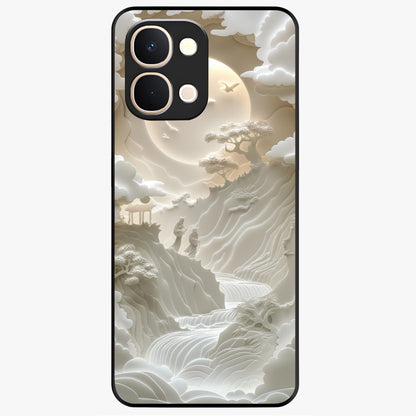 Celestial Origami Glass Case showing flat back view with artistic origami inspired celestial artwork and glossy glass finish.