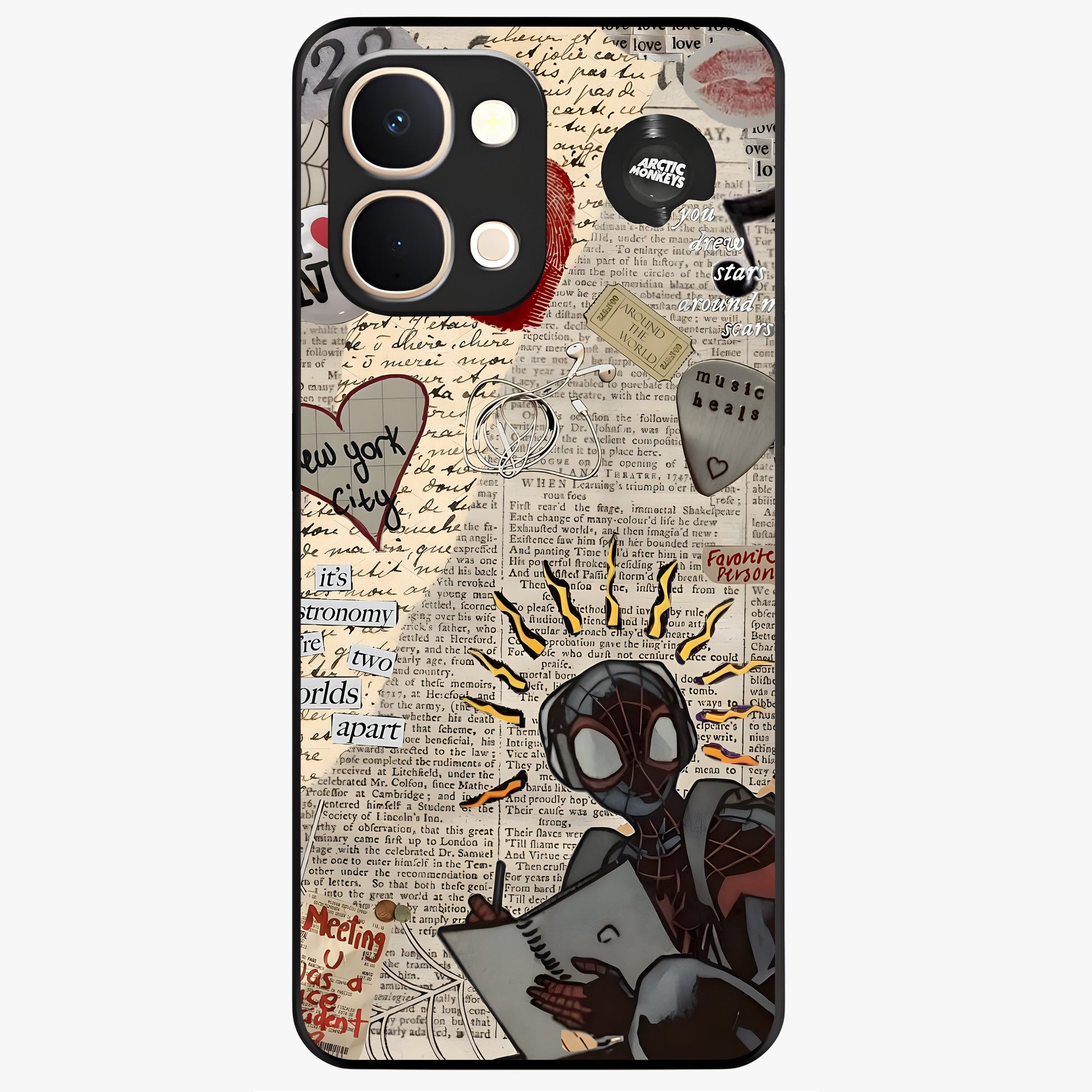 City Dream Sketch Glass Case showing flat back view with artistic city skyline sketch artwork and glossy glass finish.