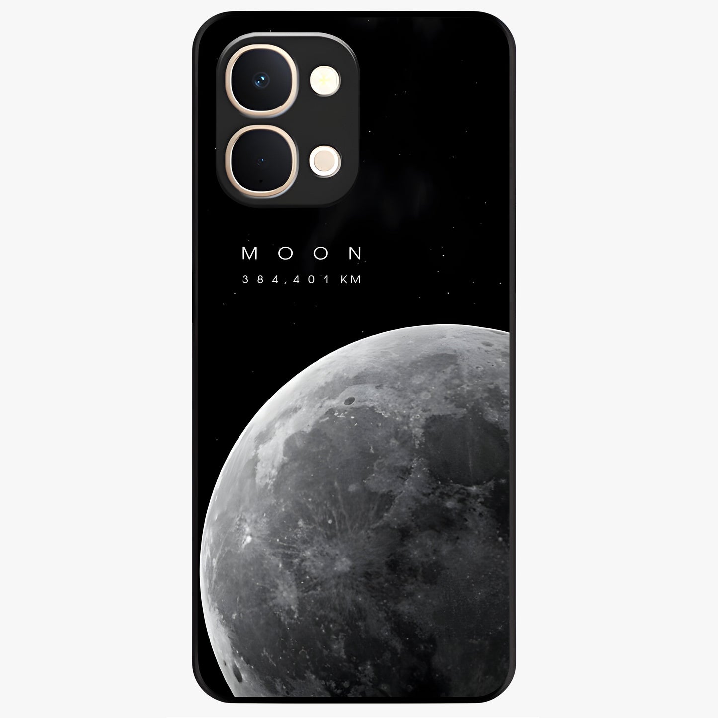 Cosmic Moon Glow Glass Case showing flat back view with glowing moon artwork and glossy glass finish.