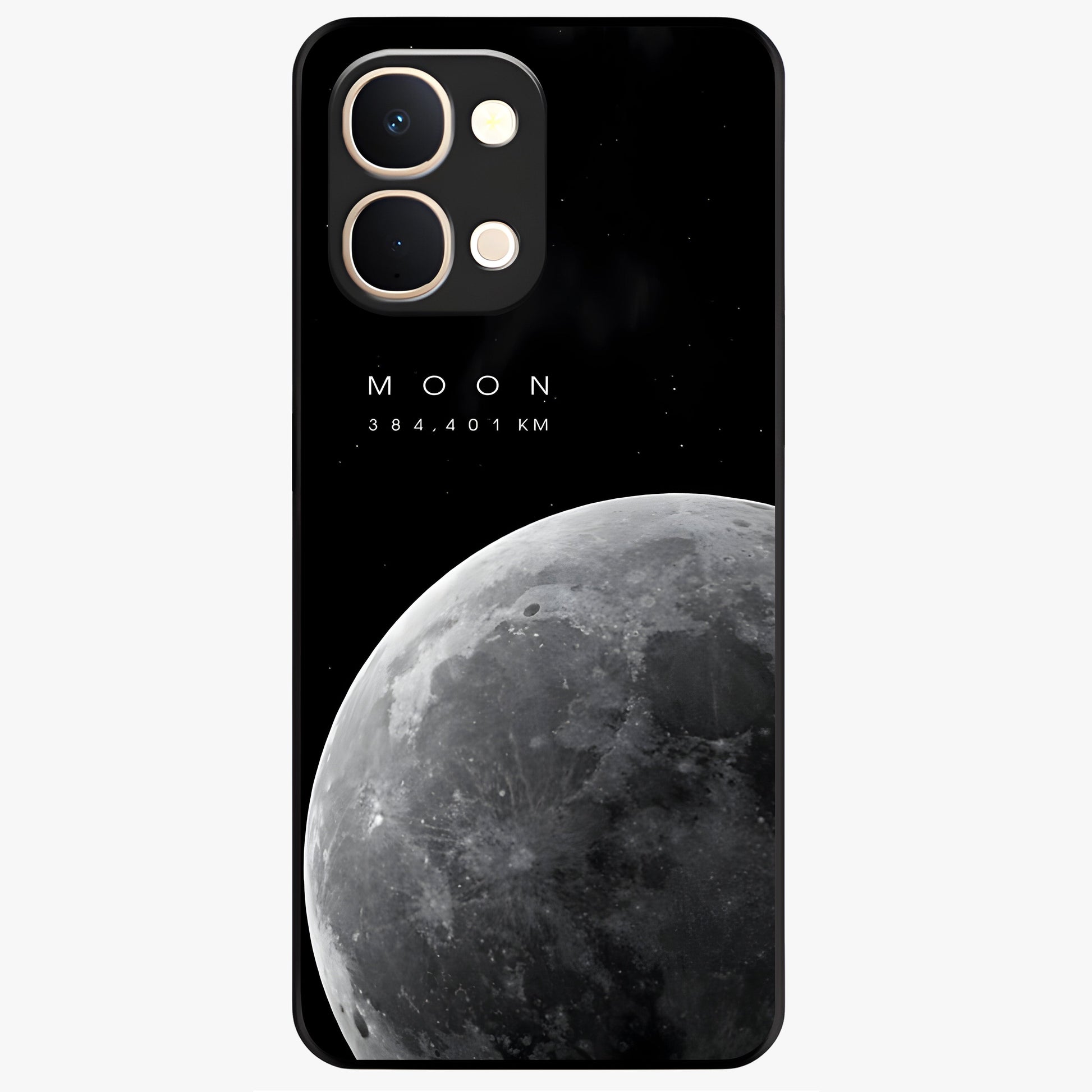 Cosmic Moon Glow Glass Case showing flat back view with glowing moon artwork and glossy glass finish.