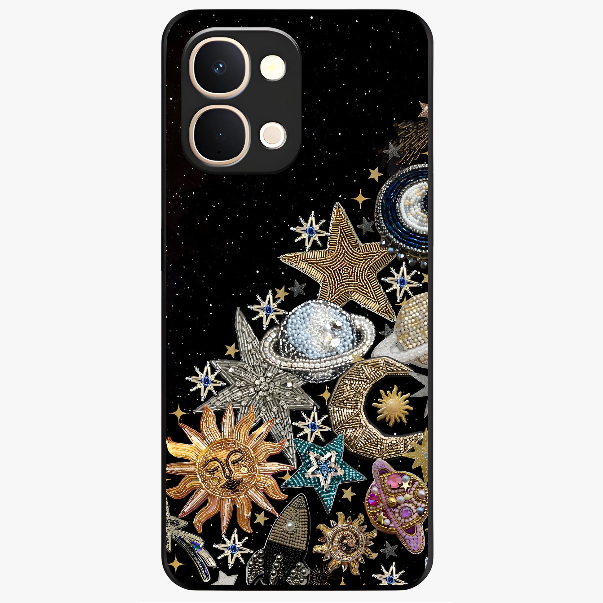Cosmic Sparkle Dreams Glass Case showing flat back view with sparkling cosmic artwork and glossy glass finish.