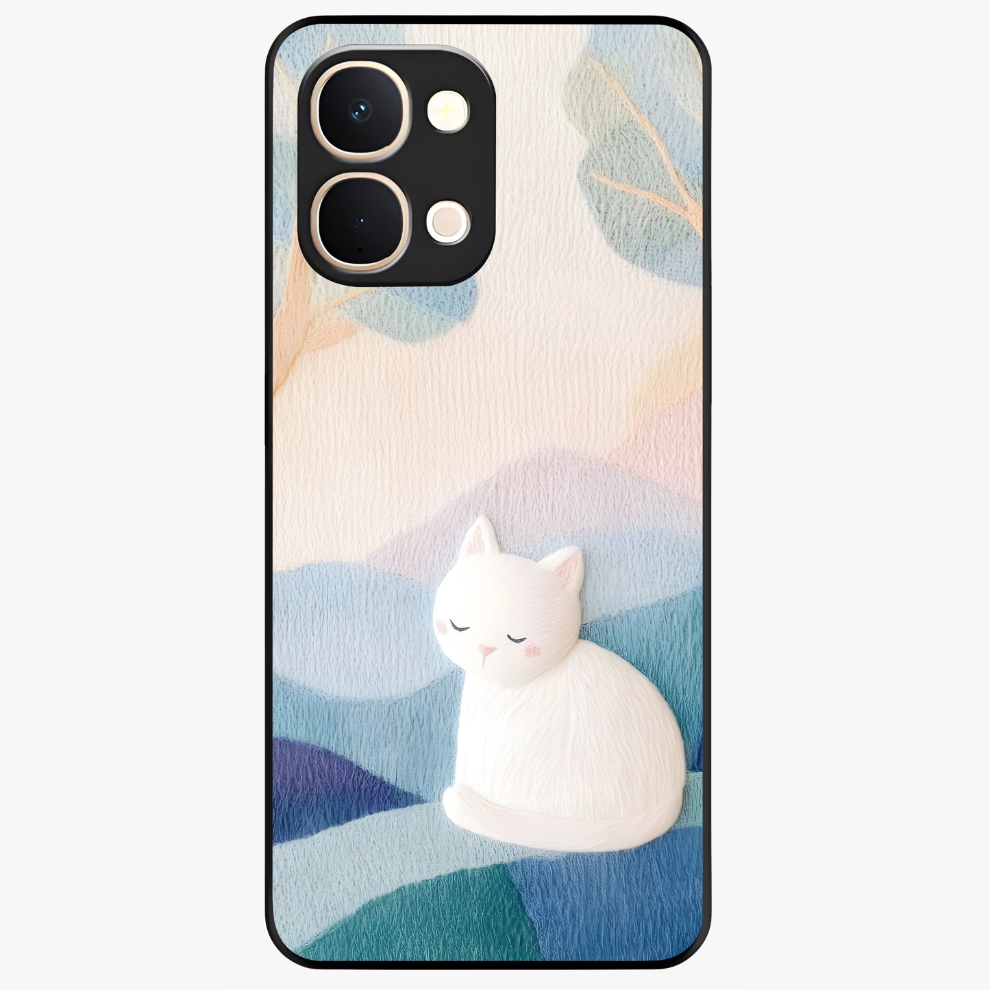 Cotton Dream Cat Glass Case showing flat back view with soft dreamy cat artwork and glossy glass finish.