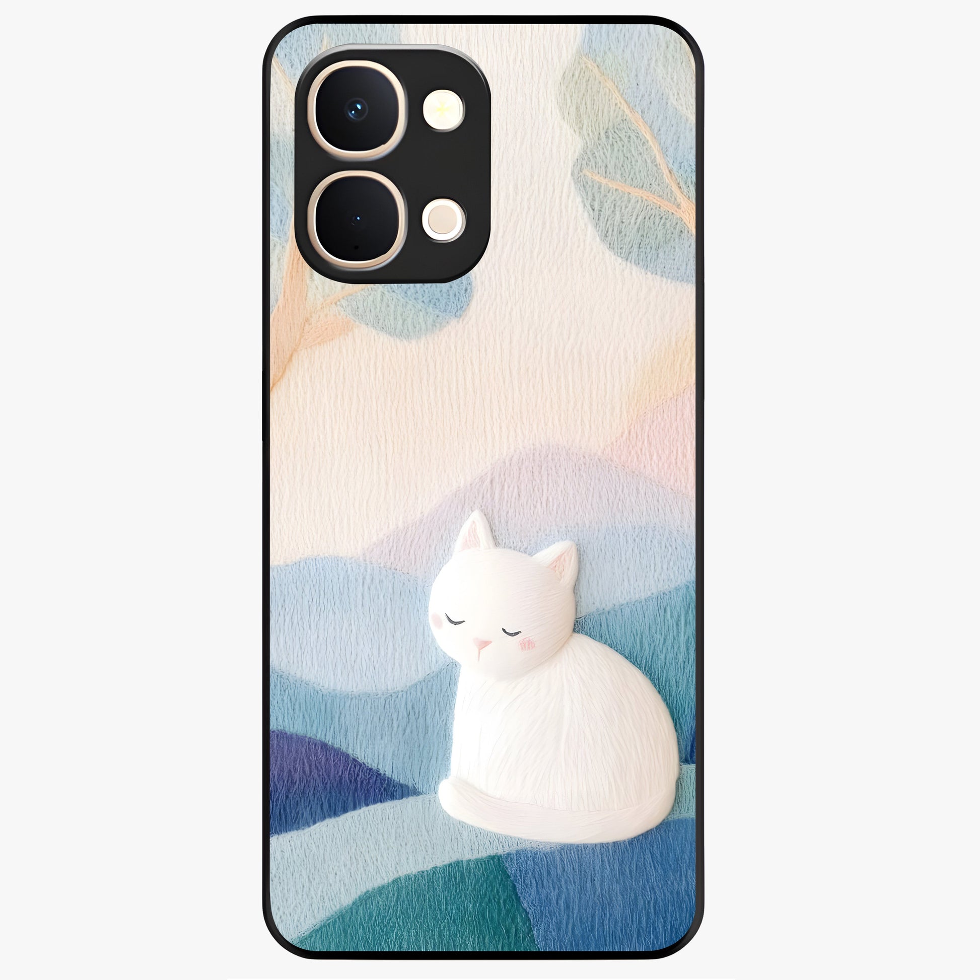 Cotton Dream Cat Glass Case showing flat back view with soft dreamy cat artwork and glossy glass finish.