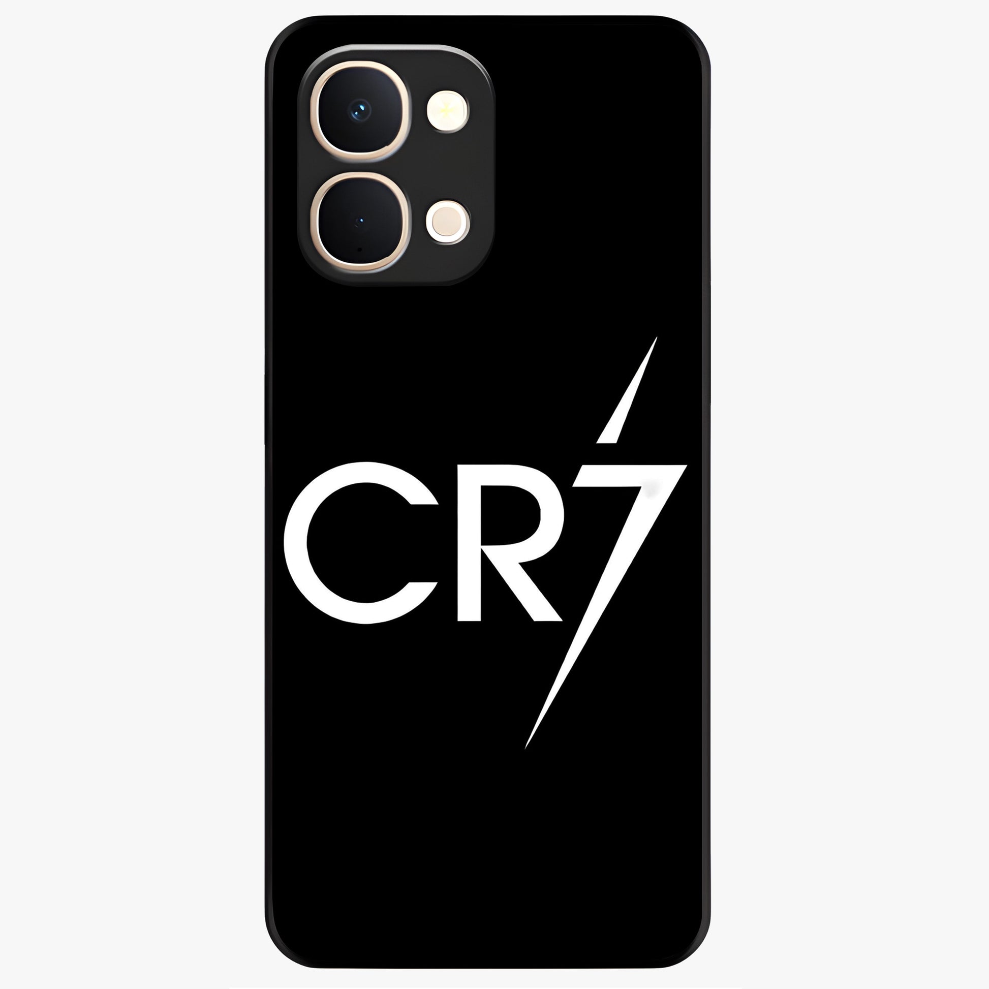 Cr7 Elite Strike Glass Case showing flat back view with dynamic football inspired artwork and glossy glass finish.
