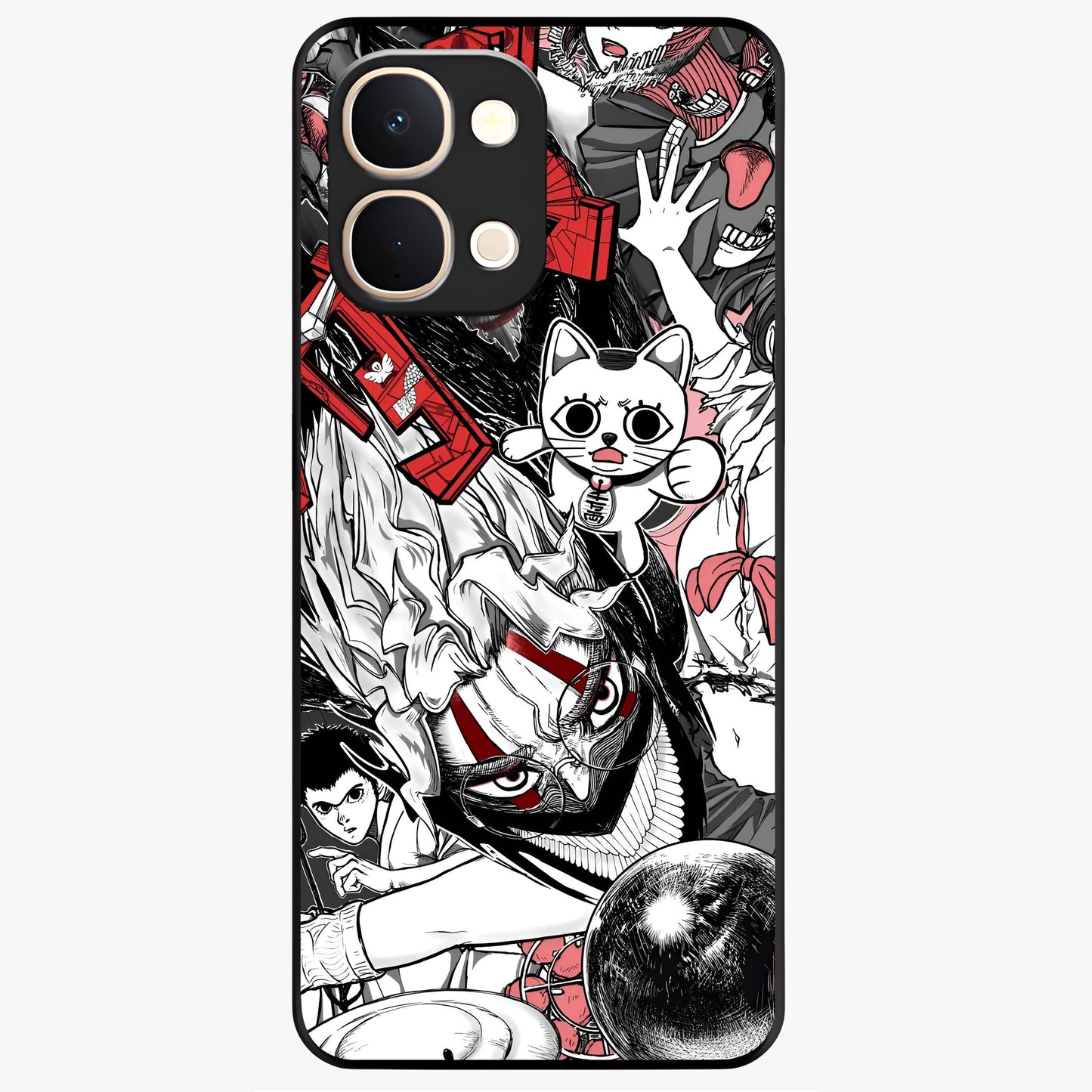 Crimson Chaos Panel Glass Case showing flat back view with bold crimson abstract artwork and glossy glass finish.