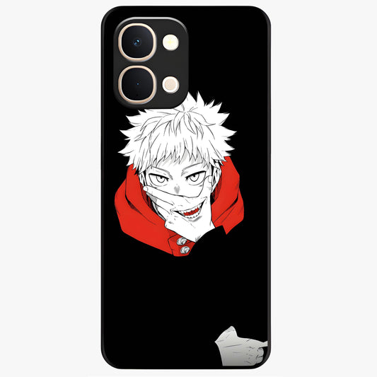 Crimson Chaos Smile Glass Case showing flat back view with bold chaotic smile artwork and glossy glass finish.