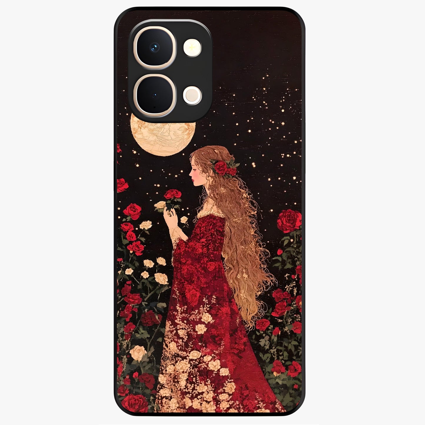 Crimson Dreams Glass Case showing flat back view with dreamy crimson artwork and glossy glass finish.