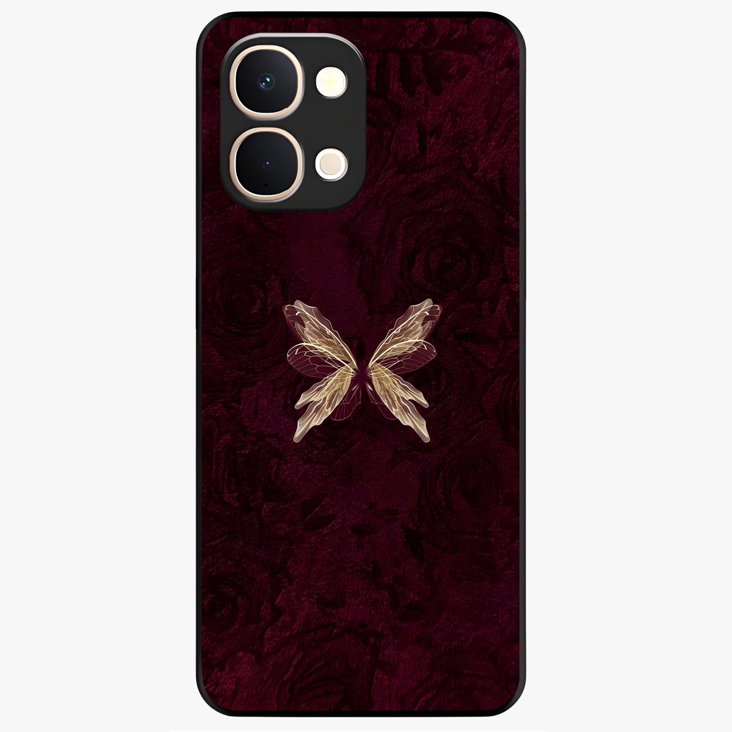 Crimson Fade Butterfly Glass Case showing flat back view with fading butterfly artwork and glossy glass finish.