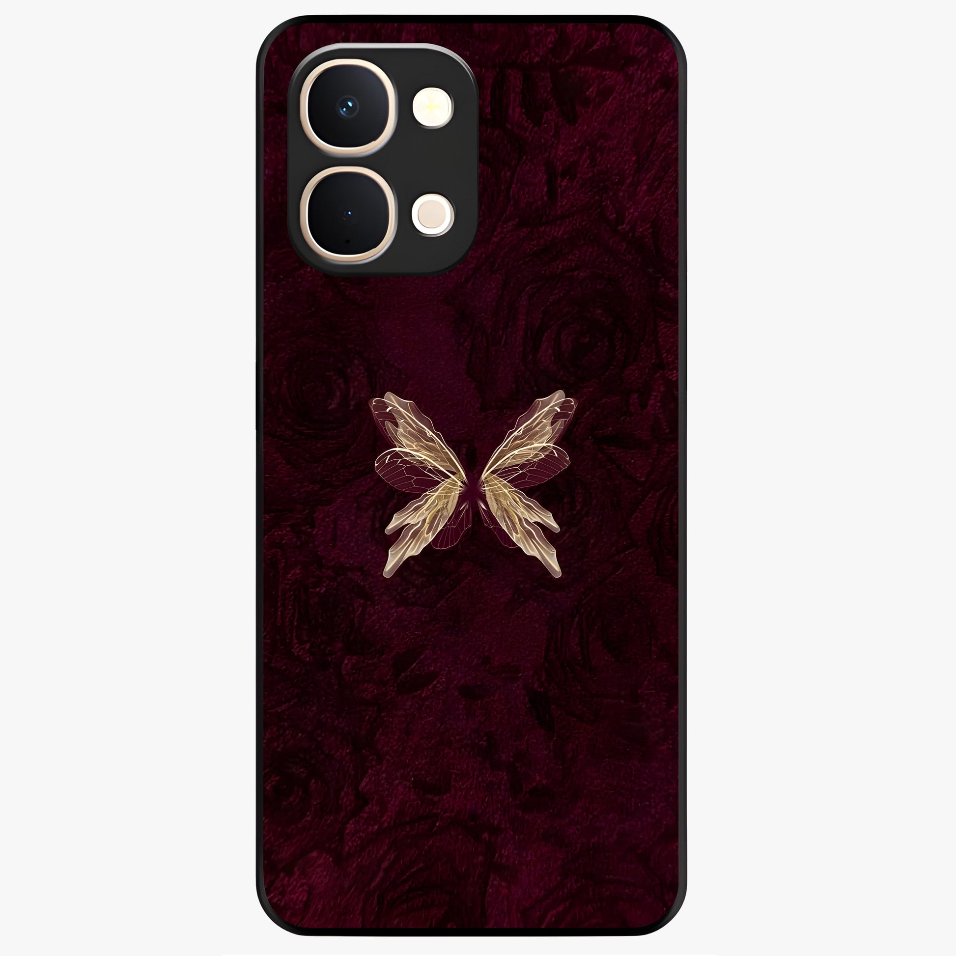 Crimson Fade Butterfly Glass Case showing flat back view with fading butterfly artwork and glossy glass finish.