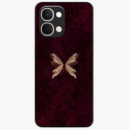 Crimson Fade Butterfly Glass Case showing flat back view with fading butterfly artwork and glossy glass finish.