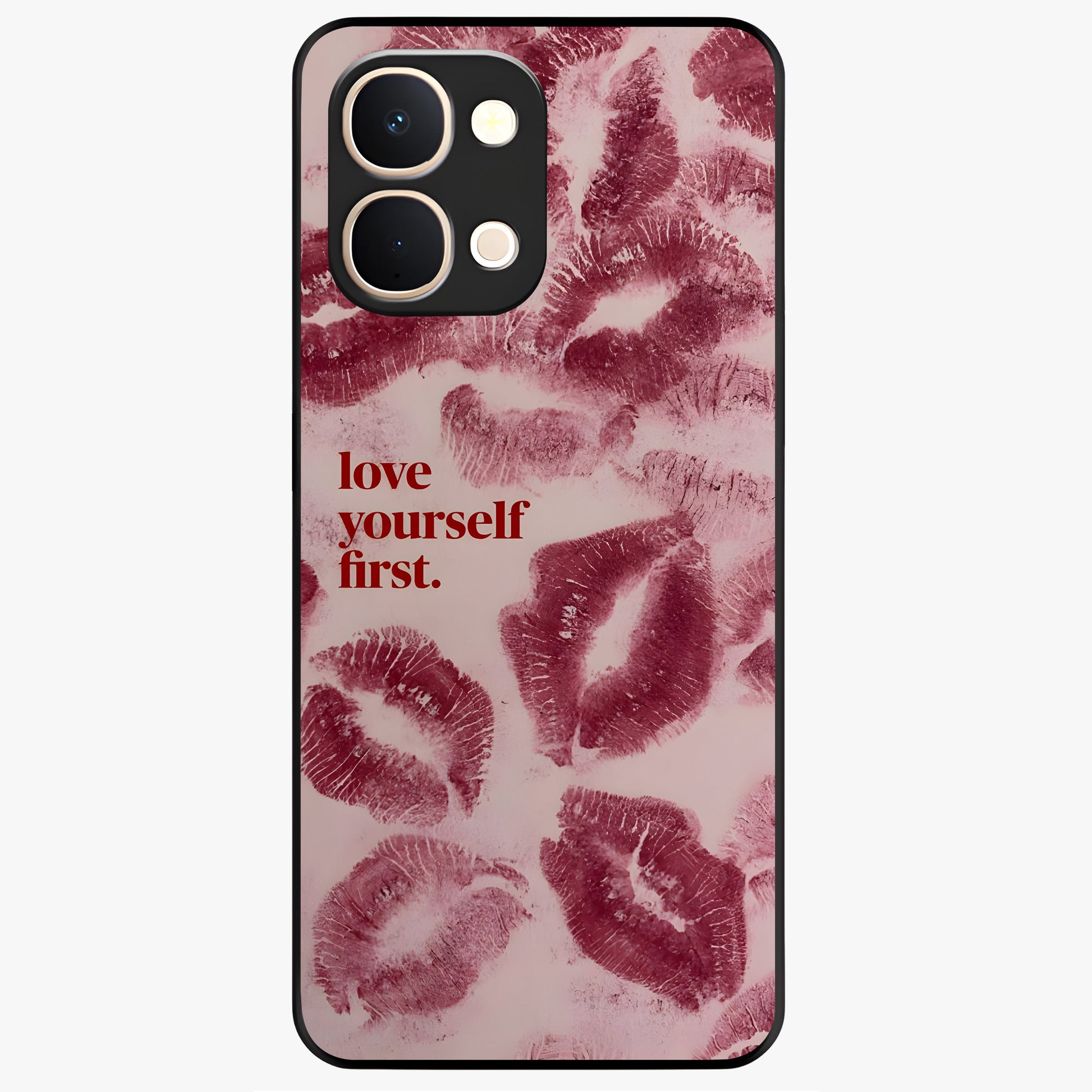 Crimson Kiss Love Glass Case showing flat back view with romantic crimson themed artwork and glossy glass finish.