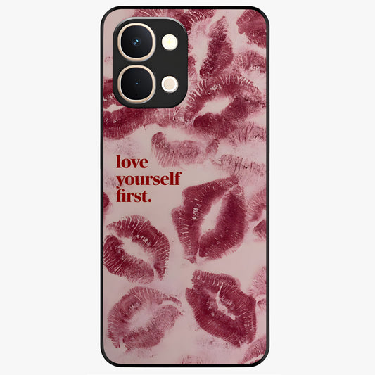 Crimson Kiss Love Glass Case showing flat back view with romantic crimson themed artwork and glossy glass finish.
