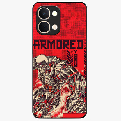 Crimson Mecha Titan Glass Case showing flat back view with powerful mech titan artwork and glossy glass finish.