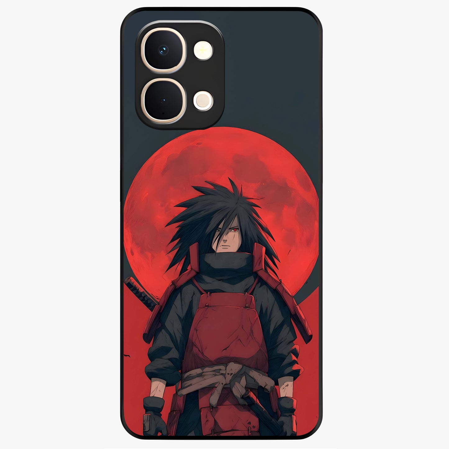 Crimson Moon Warlord Glass Case showing flat back view with mystical moon warrior artwork and glossy glass finish.