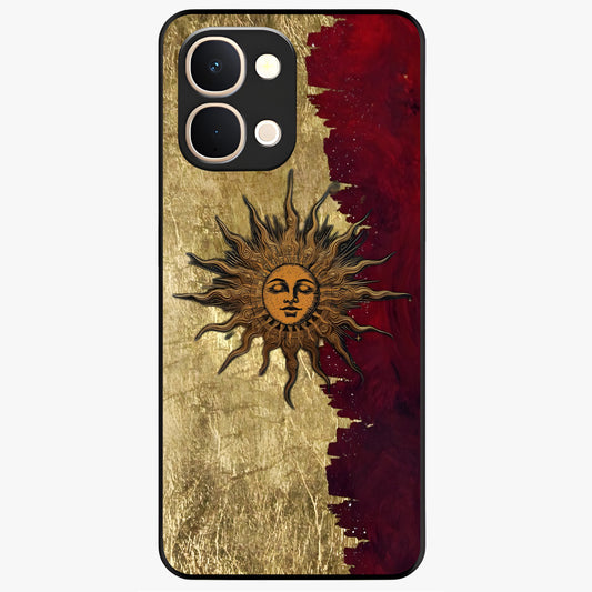 Crimson Sun Majesty Glass Case showing flat back view with radiant sun inspired artwork and glossy glass finish.