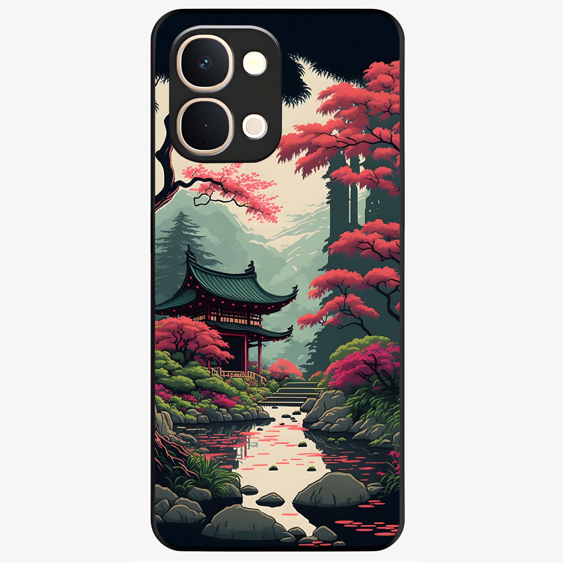 Crimson Temple View Glass Case showing flat back view with temple inspired artwork and glossy glass finish.