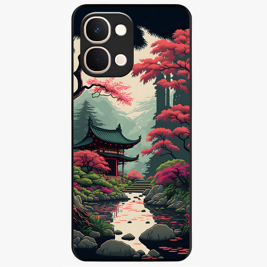Crimson Temple View Glass Case showing flat back view with temple inspired artwork and glossy glass finish.