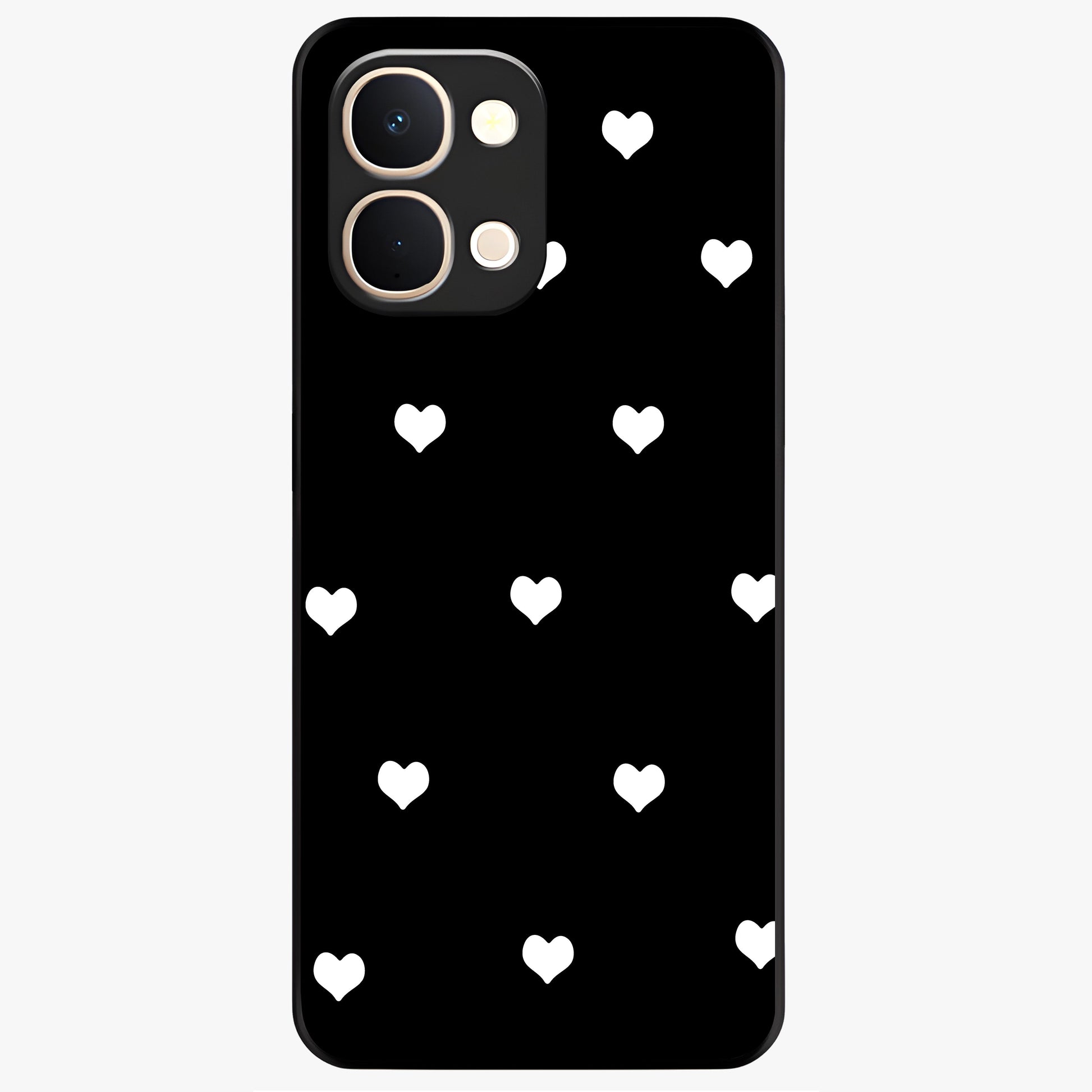 Cute And Simple White Hearts Glass Case showing flat back view with minimal white heart pattern and glossy glass finish.