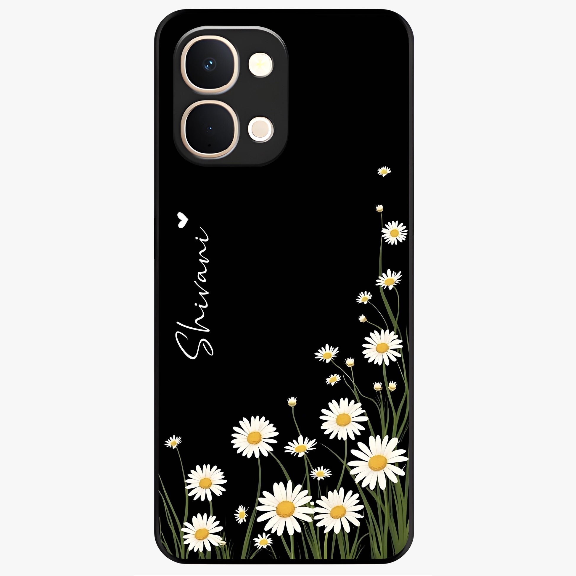 Daisy Cascade Custom Name Glass Case showing flat back view with cascading daisy flowers and personalized name design.