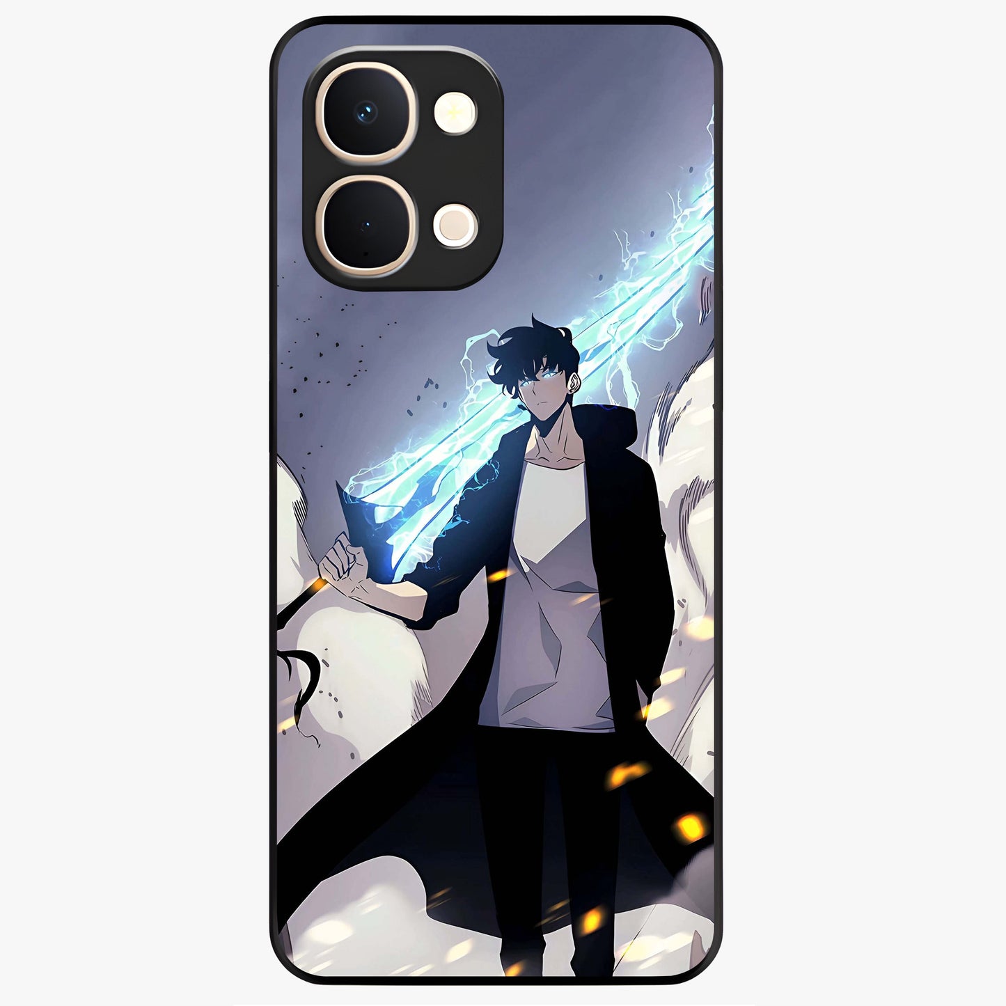 Dark Lightning Anime Warrior Glass Case showing flat back view with intense anime warrior artwork and glossy glass finish.