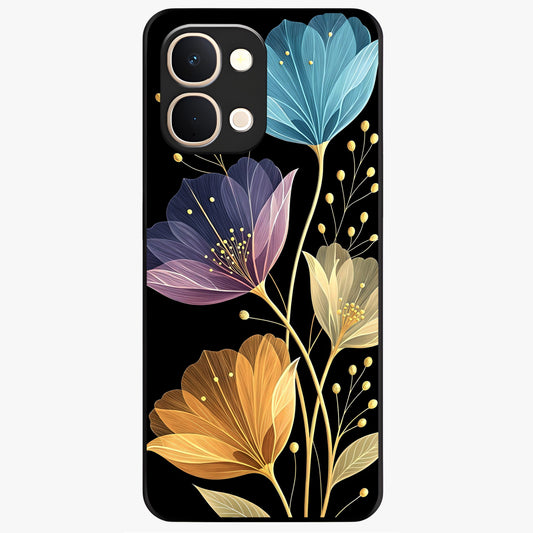 Delicate Multicolor Flowers Glass Case showing flat back view with vibrant floral artwork and glossy glass finish.
