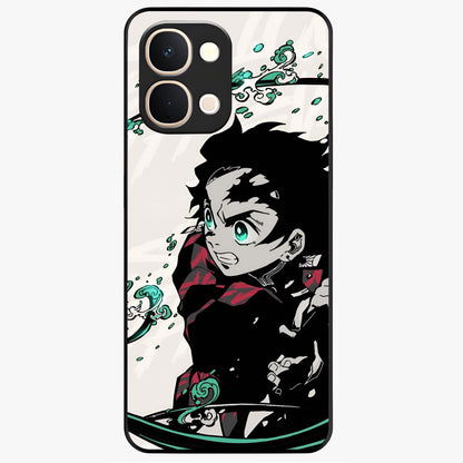 Demon Slayer Glass Case showing flat back view with bold anime inspired artwork and glossy glass finish.