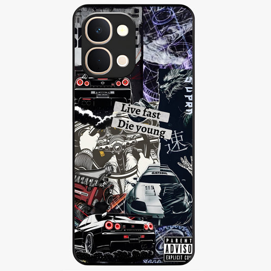 Die Young Glass Case showing flat back view with bold artistic typography design and glossy glass finish.
