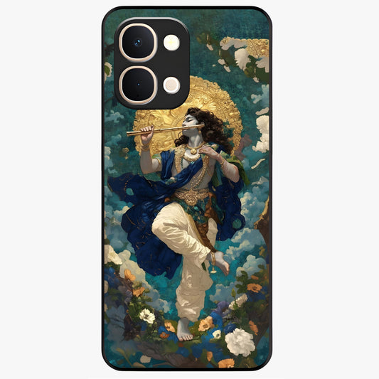 Divine Krishna Art Glass Case showing flat back view with Lord Krishna artwork and glossy glass finish.