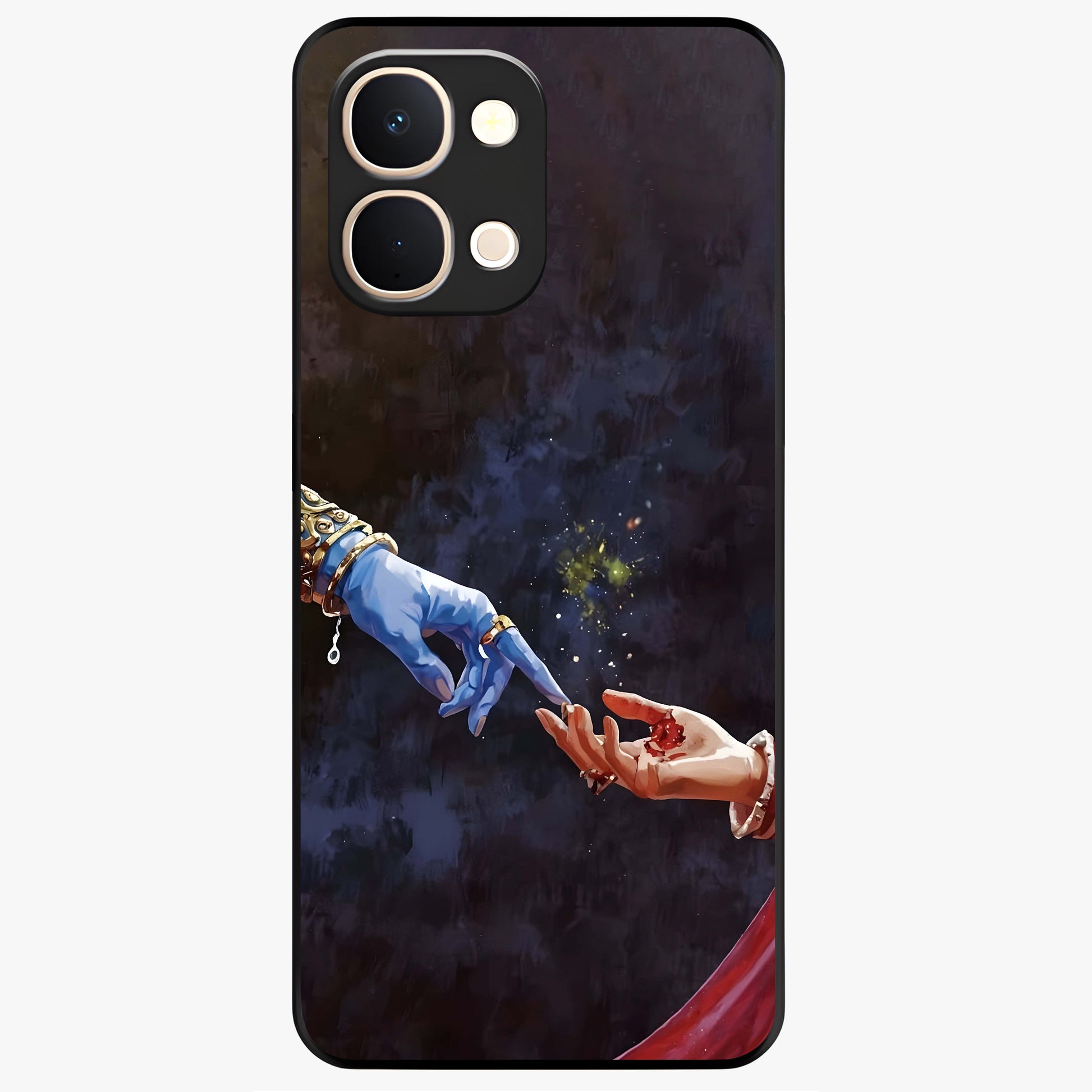 Divine Touch Eternal Glass Case showing flat back view with spiritual themed artwork and glossy glass finish.