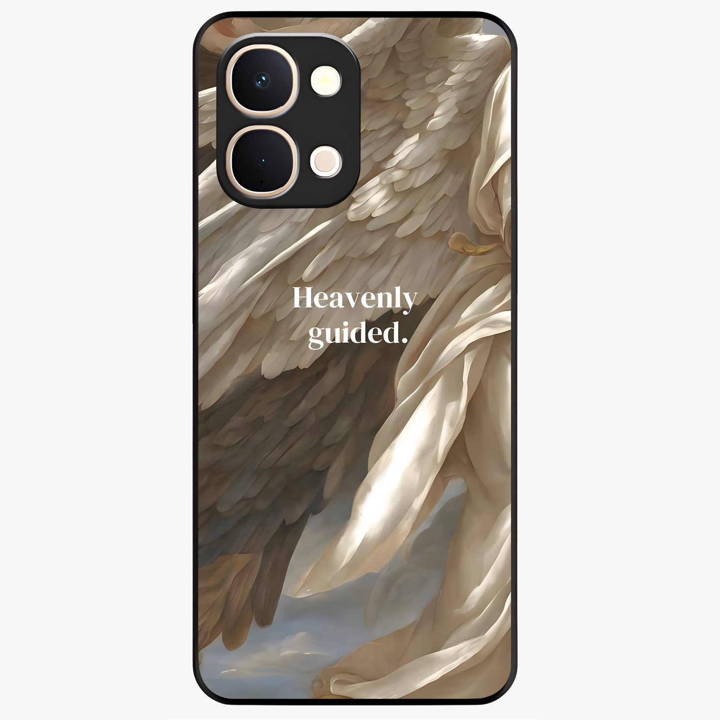 Divine Winged Grace Glass Case showing flat back view with elegant wing inspired artwork and glossy glass finish.