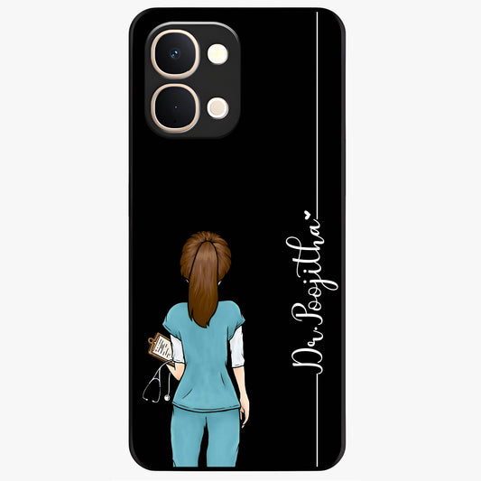 Doctor Pattern Custom Name Glass Case showing flat back view with medical themed pattern and personalized name design.