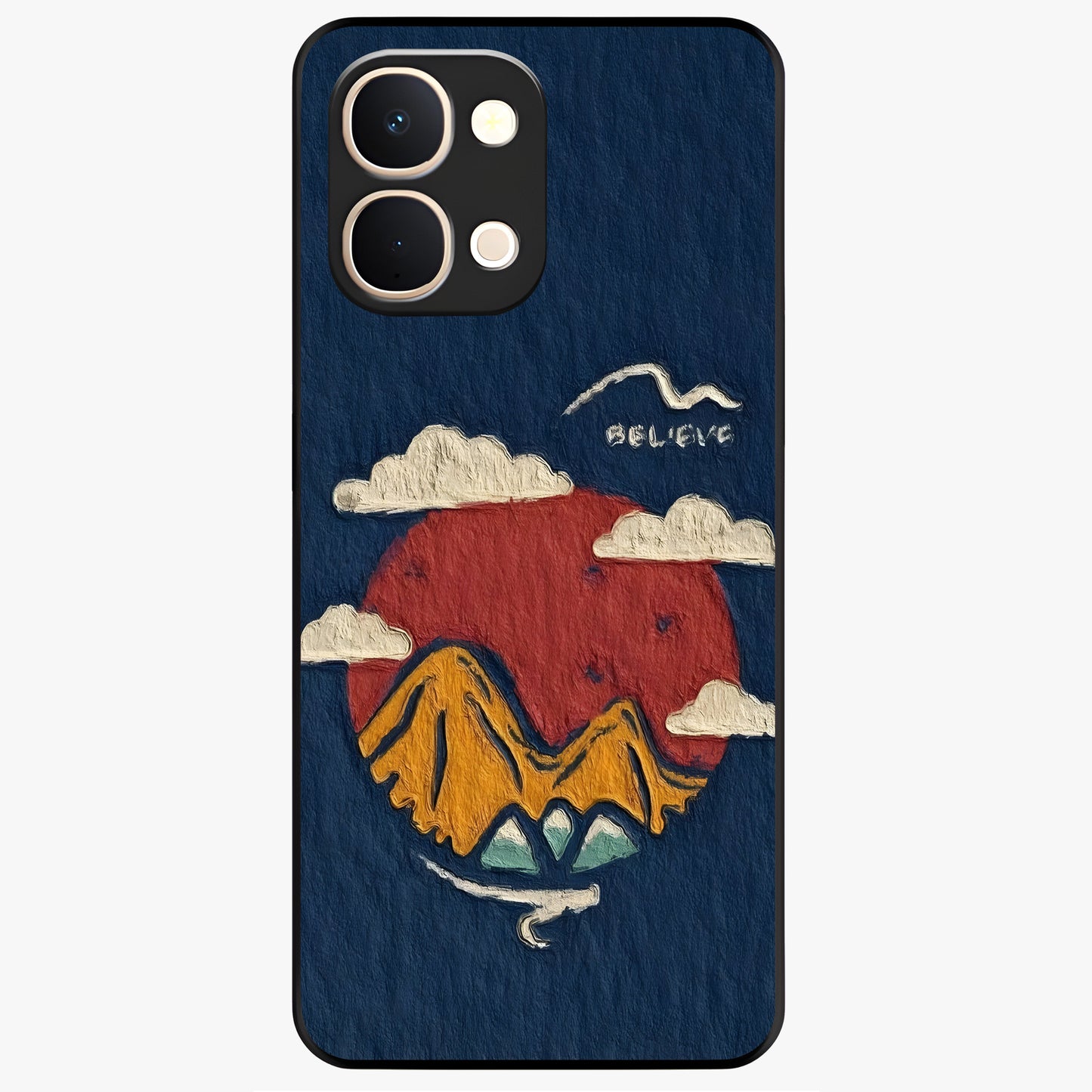 Dream Beyond Mountains Glass Case showing flat back view with scenic mountain landscape artwork and glossy glass finish.