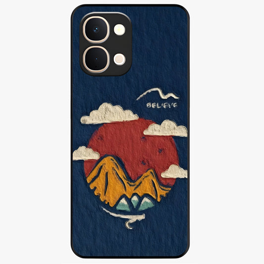 Dream Beyond Mountains Glass Case showing flat back view with scenic mountain landscape artwork and glossy glass finish.