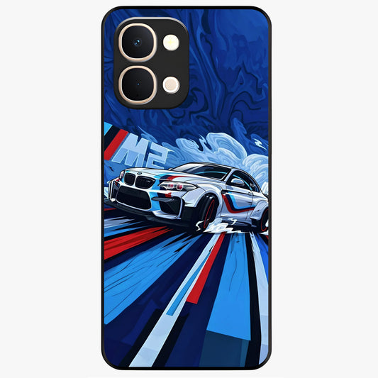 Drift Power Rush Glass Case showing flat back view with dynamic racing inspired artwork and glossy glass finish.