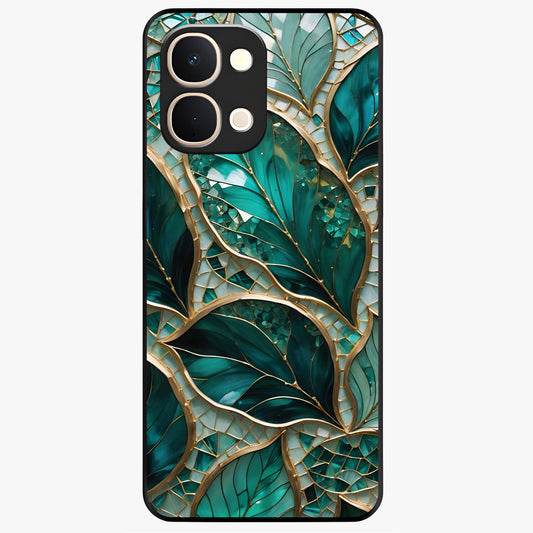 Emerald Leaf Glass Glass Case showing flat back view with emerald green leaf artwork and glossy glass finish.