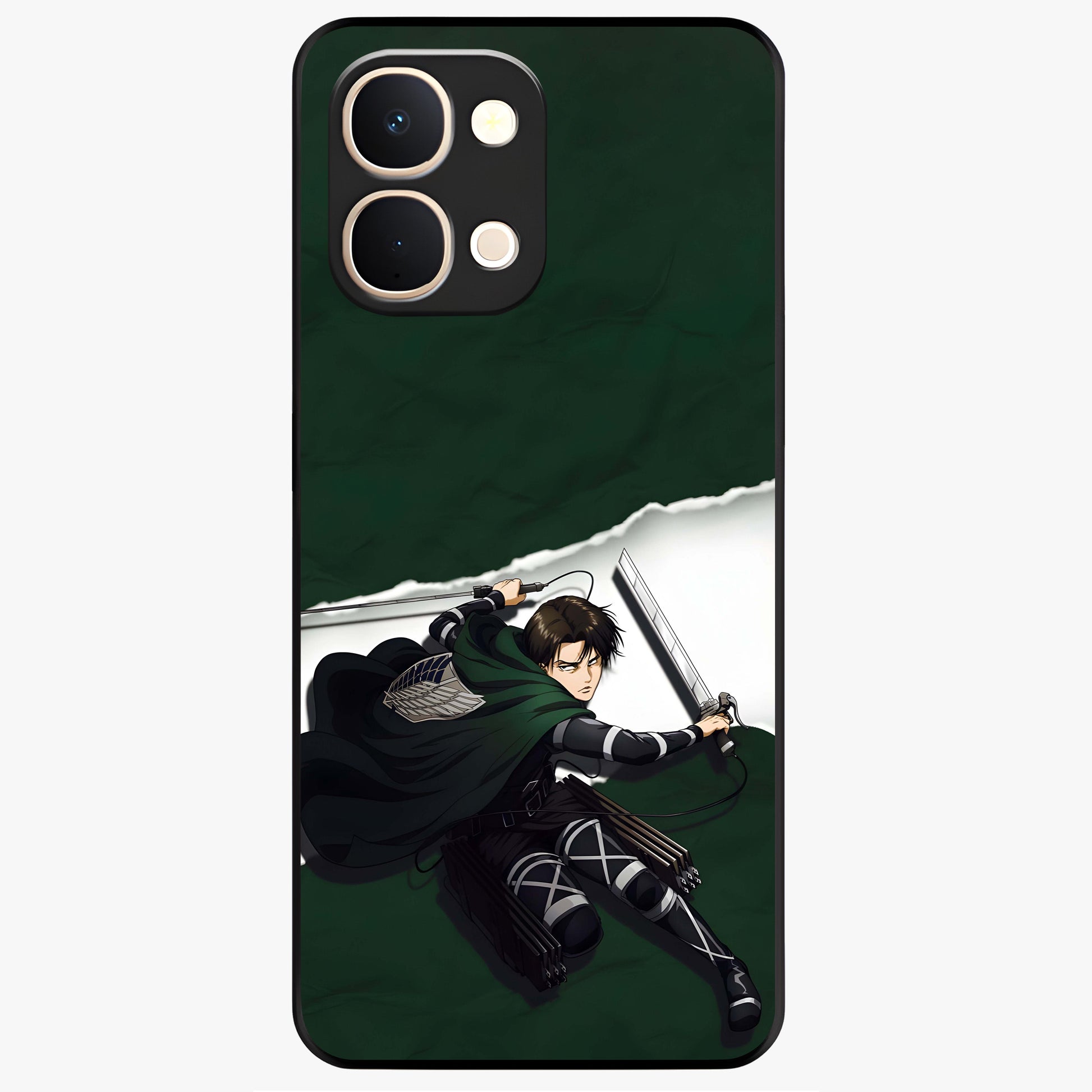Emerald War Vanguard Glass Case showing flat back view with powerful warrior themed artwork and glossy glass finish.