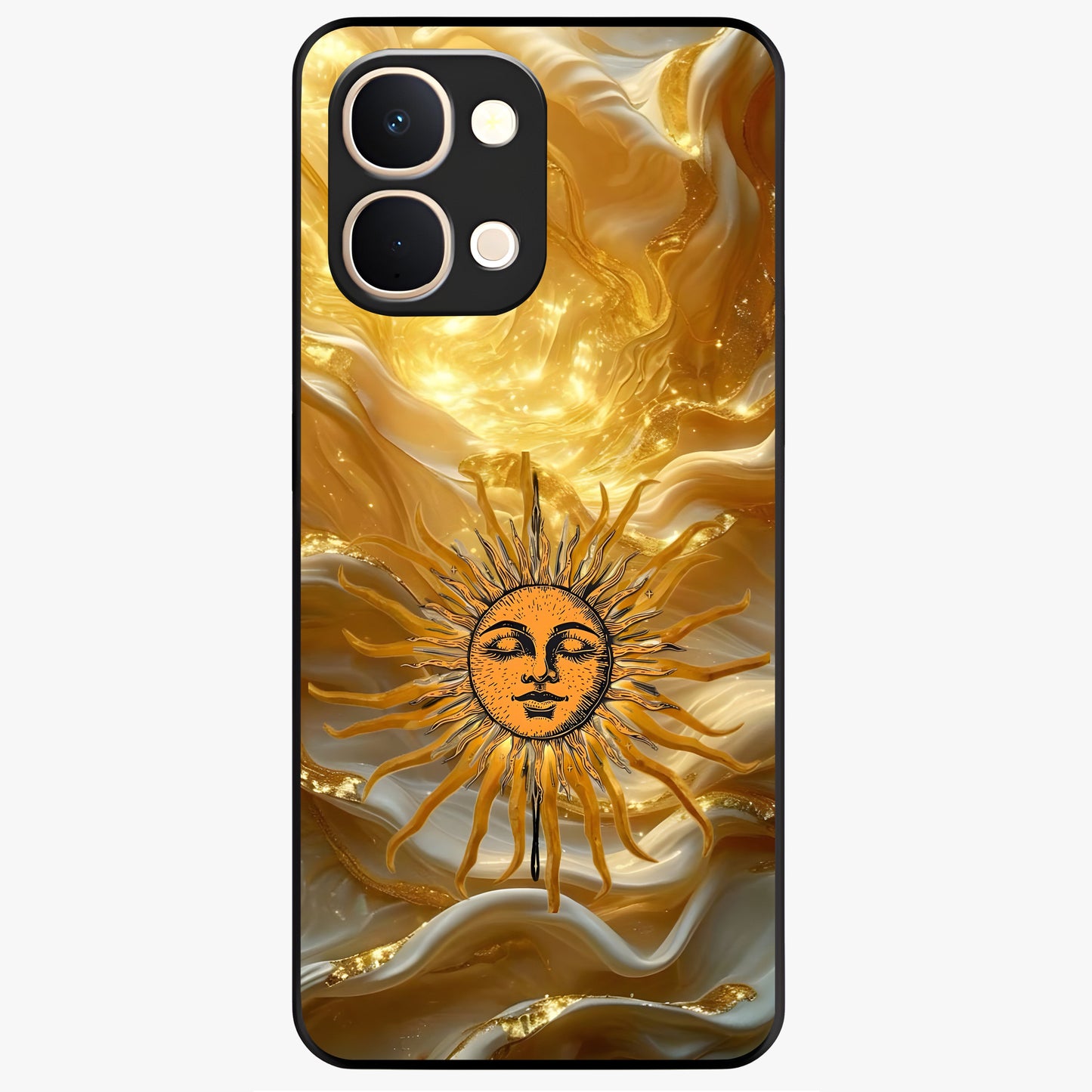 Eternal Golden Glow Glass Case showing flat back view with radiant golden themed artwork and glossy glass finish.