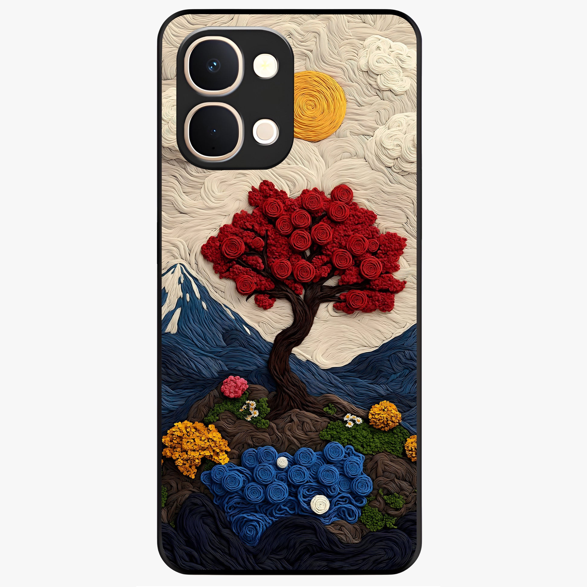 Eternal Nature Tapestry Glass Case showing flat back view with intricate nature tapestry artwork and glossy glass finish.