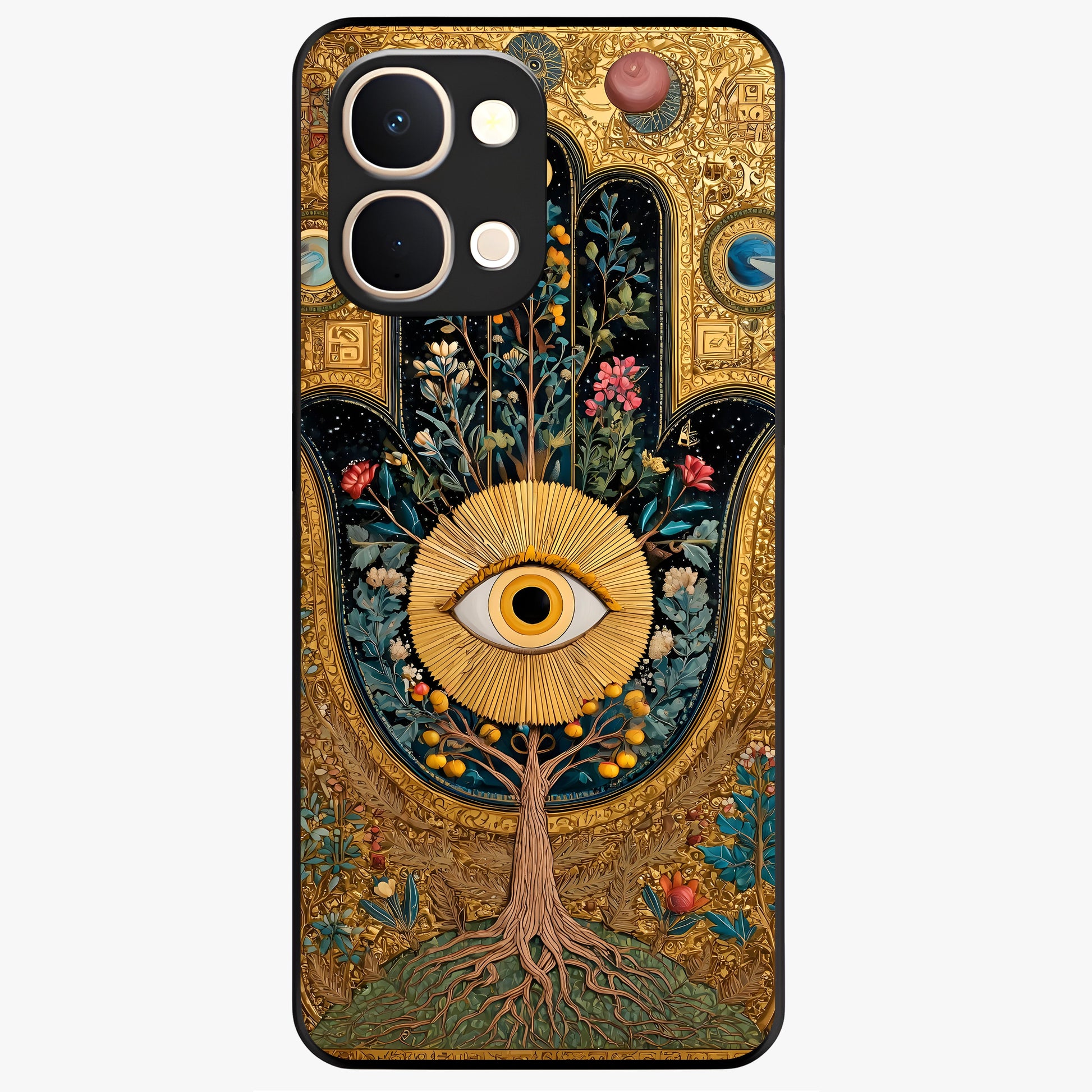 Ethereal Evil Eye Glass Case showing flat back view with mystical evil eye artwork and glossy glass finish.
