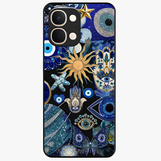 Evil Eye Charm Mix Glass Case showing flat back view with multiple evil eye charms artwork and glossy glass finish.