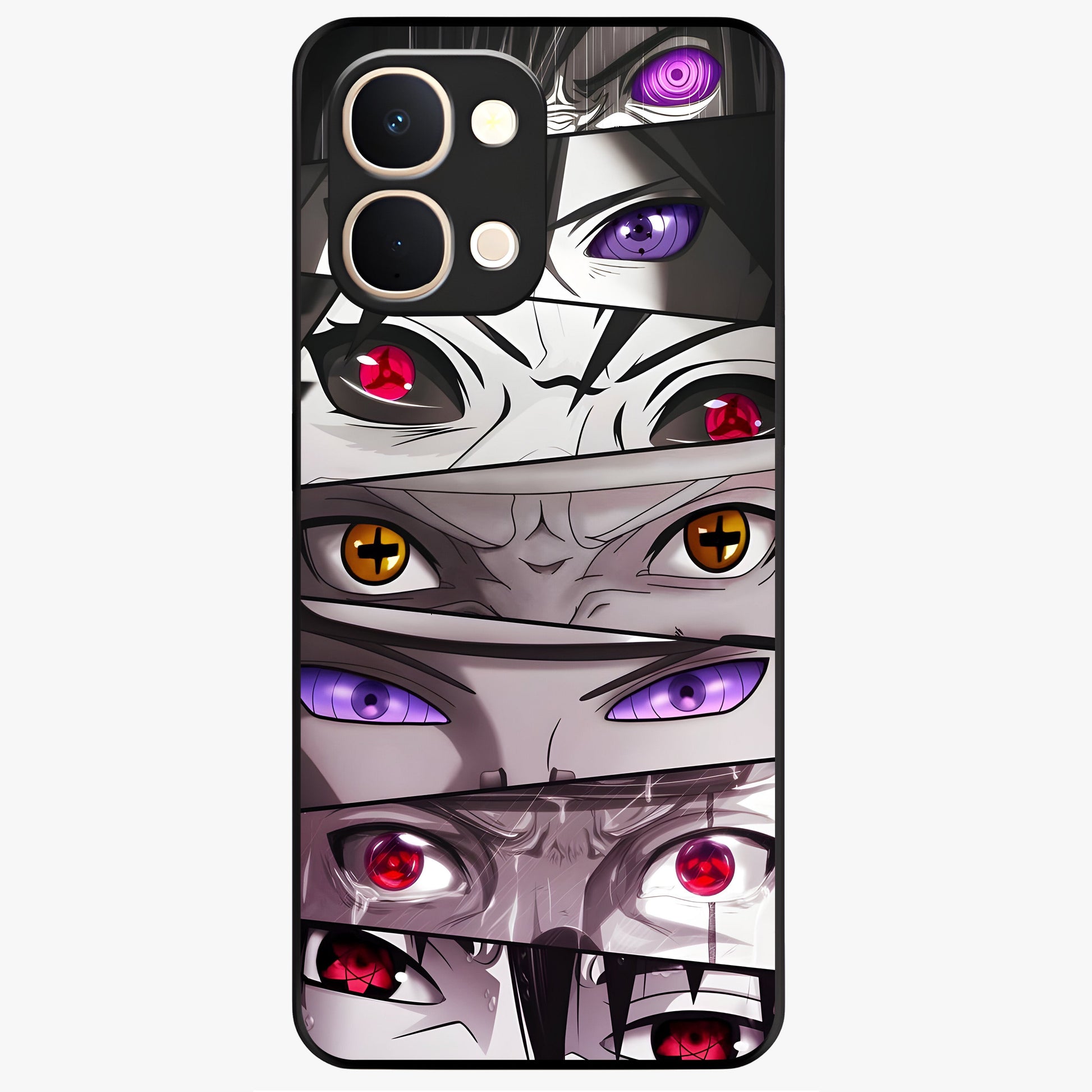 Eyes of Destiny Glass Case showing flat back view with striking eye themed artwork and glossy glass finish.