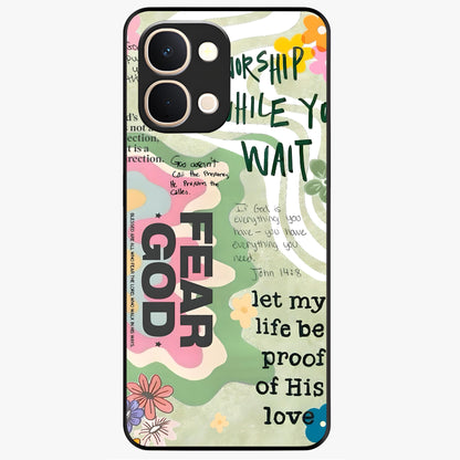 Faith Over Fear Glass Case showing flat back view with motivational typography artwork and glossy glass finish.