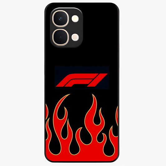 Fire F11 Glass Case showing flat back view with fiery themed artwork and glossy glass finish.