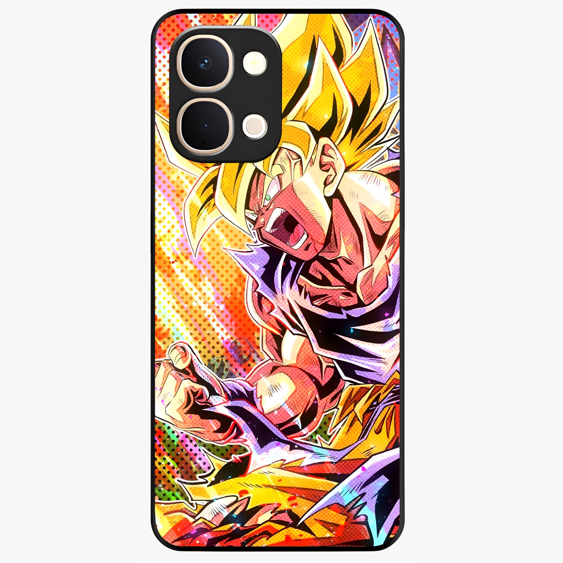 Firing Goku Glass Case showing flat back view with powerful anime inspired artwork and glossy glass finish.