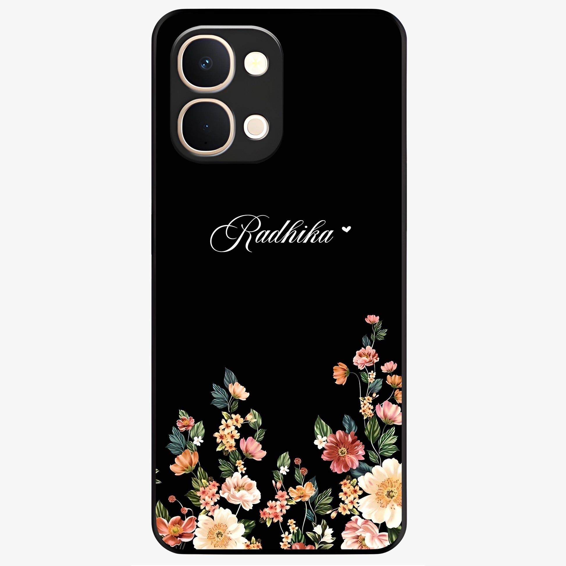 Floral Design With a Custom Personalized Name Glass Case showing flat back view with floral artwork and personalized name design.