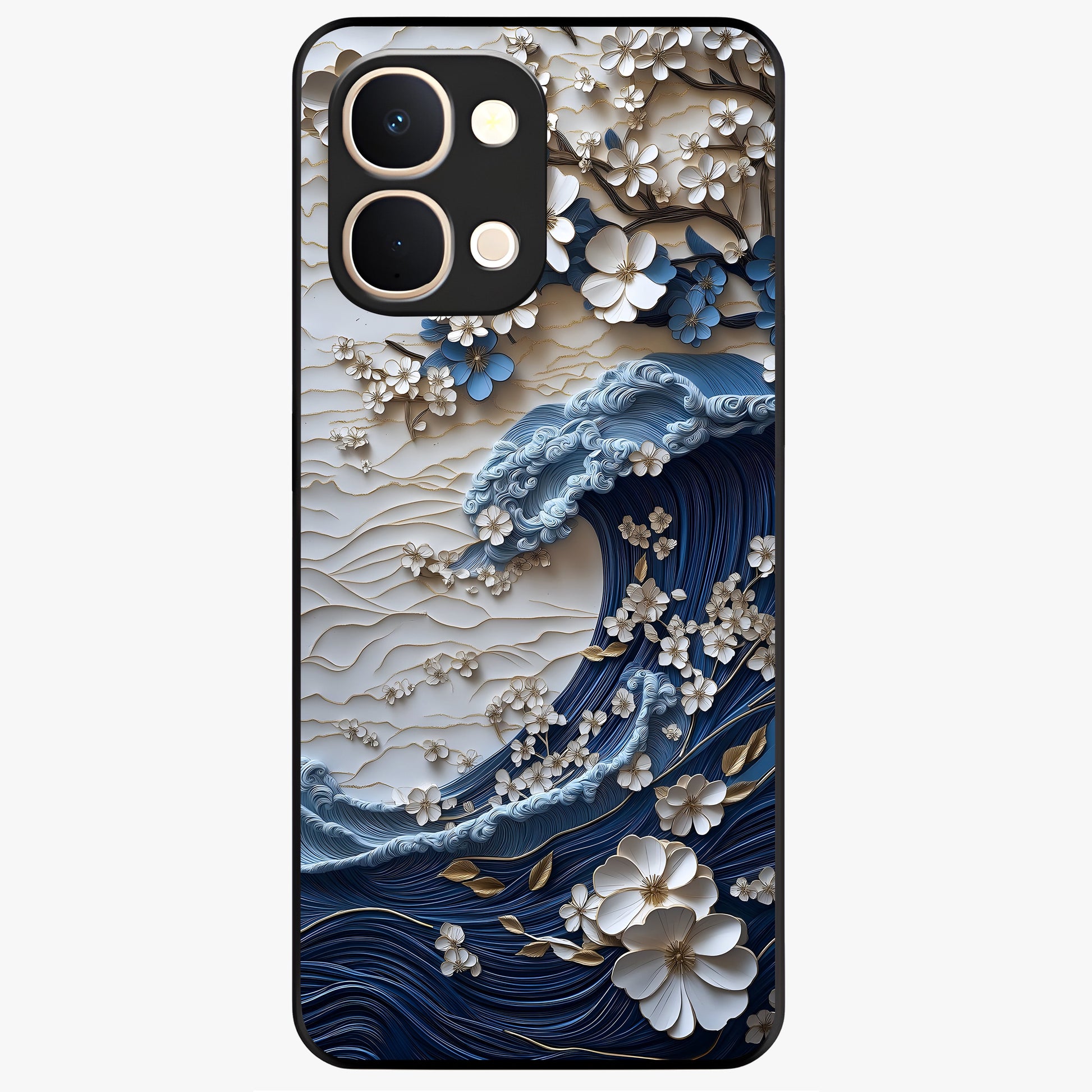 Floral Wave Origami Glass Case showing flat back view with origami inspired floral wave artwork and glossy glass finish.