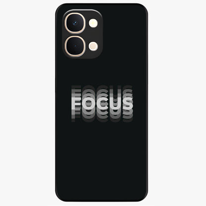 Focus Mode On Glass Case showing flat back view with bold motivational typography design and glossy glass finish.