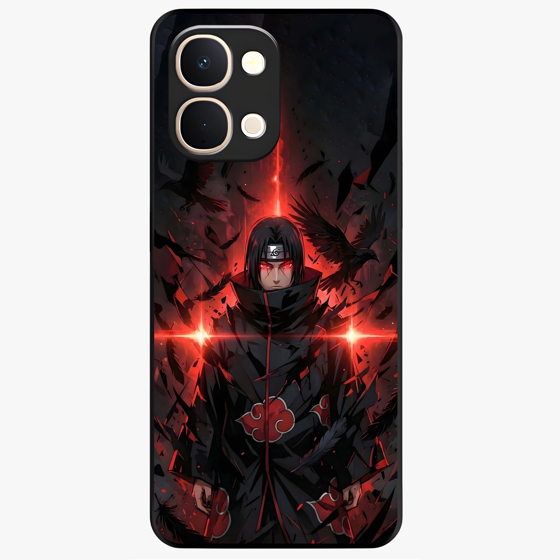Focused Blade Discipline Glass Case showing flat back view with warrior sword themed artwork and glossy glass finish.